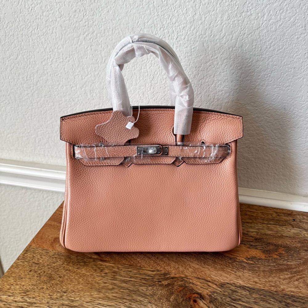 LEATHER INSIDE & OUT Pink Orange Pebble 25 BK Satchel Belted Top Handle Gold S8
